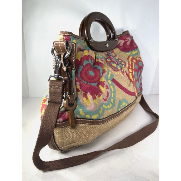 Fossil Fabric and Leather Geometric Floral Print Satchel Shoulder Bag - Picture 7 of 16